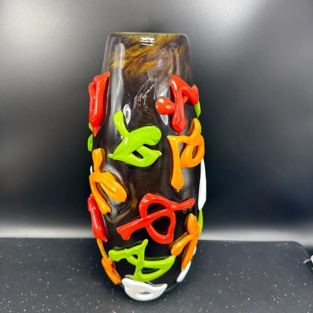Mihai‎ Topescu Glass Vase 12inch Heavy Applied Ribbon Colorful Modern Decor